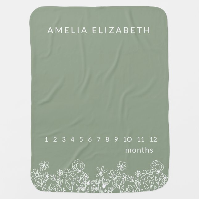 Sage Green Milestone Wildflower Baby Floral  Blanket (Front)