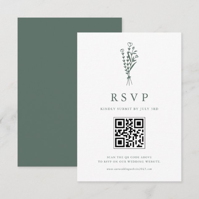 Sage Green Minimailist Botanicals QR Code Wedding RSVP Card (Front/Back)