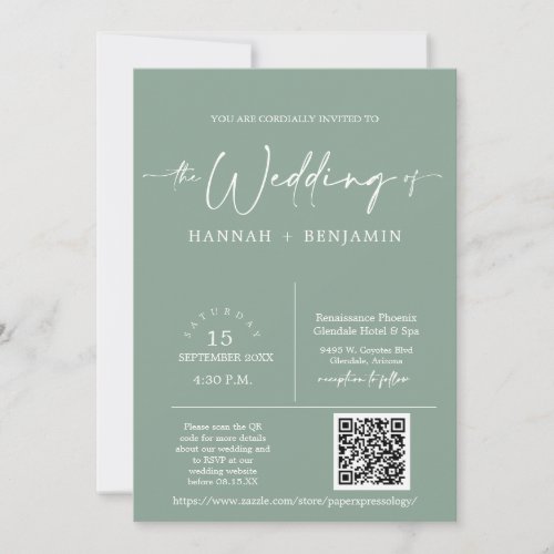 Sage Green Minimal Boho Wedding Arch QR Code Photo Invitation