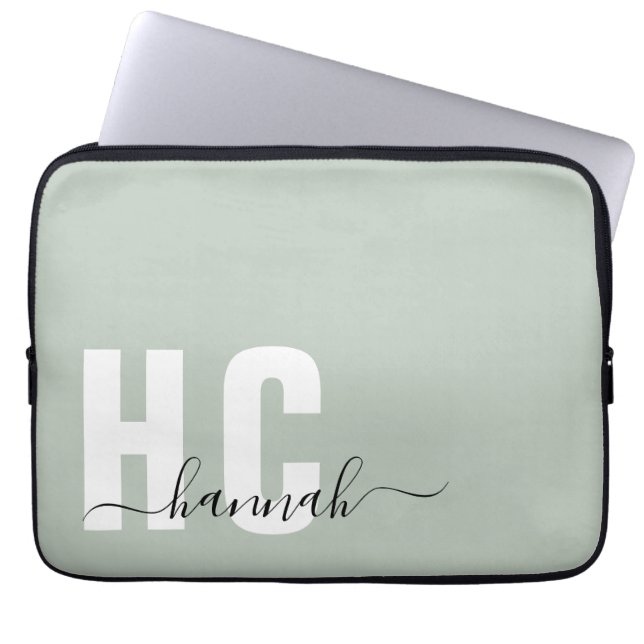 Sage Green Minimal Modern Initial Monogram Laptop Sleeve (Front)