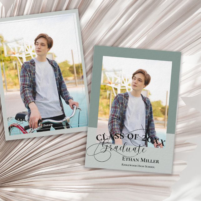 Sage Green Minimal Photo Graduation Announcement (Class of 20XX Photo Graduation Announcement Card | Modern Sage Neutral Design)