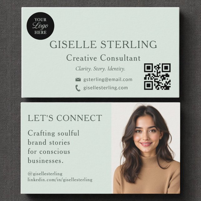 Sage Green Minimal Professional Logo Photo Business Card (Creator Uploaded)