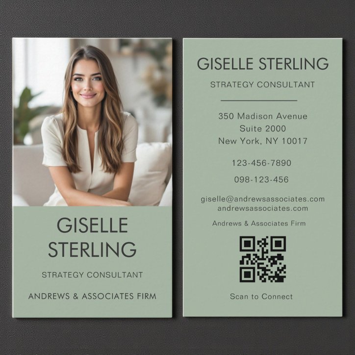 Sage Green Minimal QR Code Photo Modern Business Card