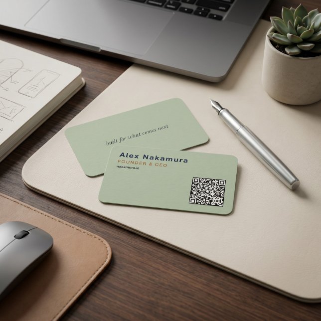 Sage Green Minimal QR Code Tech Founder Startup  Business Card (Sage Green Minimal QR Code Tech Founder Startup Business Card)