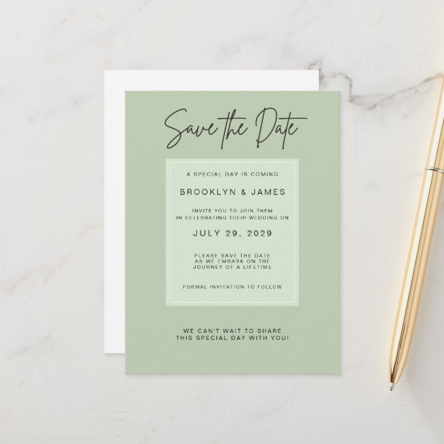 Sage Green Minimal Wedding Save The Date Announcement Postcard (Front/Back In Situ)