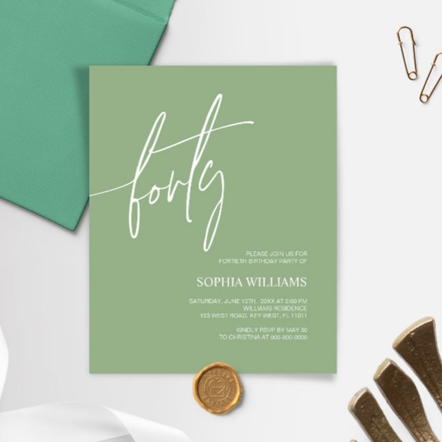 Sage Green Minimalist 40th Birthday Invitation (Creator Uploaded)