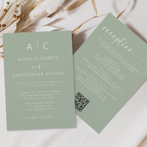 Sage Green Minimalist All In One Wedding QR Code Invitation