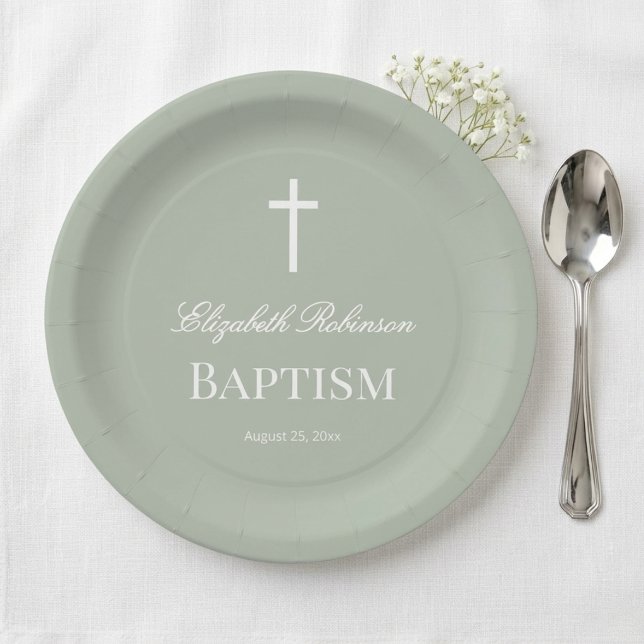 Sage Green Minimalist Baptism Paper Plates (Creator Uploaded)