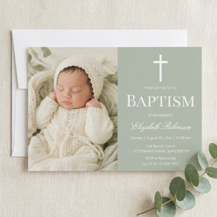 Sage Green Minimalist Baptism Photo  Invitation