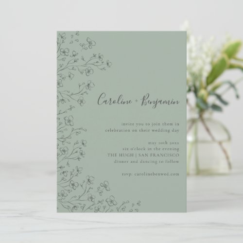 Sage Green Minimalist Boho Floral Line Art Wedding Invitation