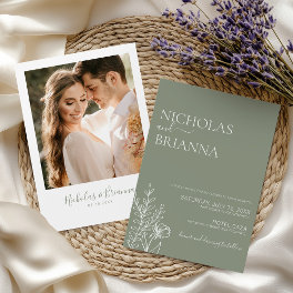 Sage Green Minimalist Boho Wedding Elegant Photo Invitation