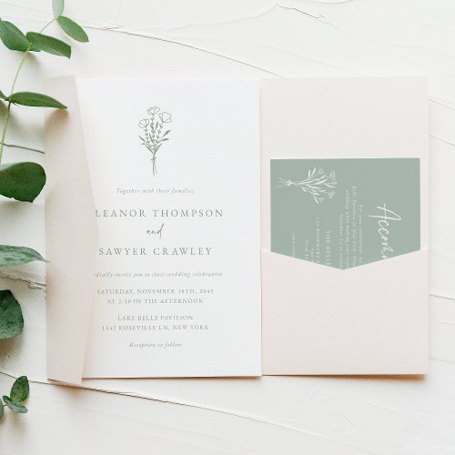 Sage Green Minimalist Botanicals Wedding Invitation