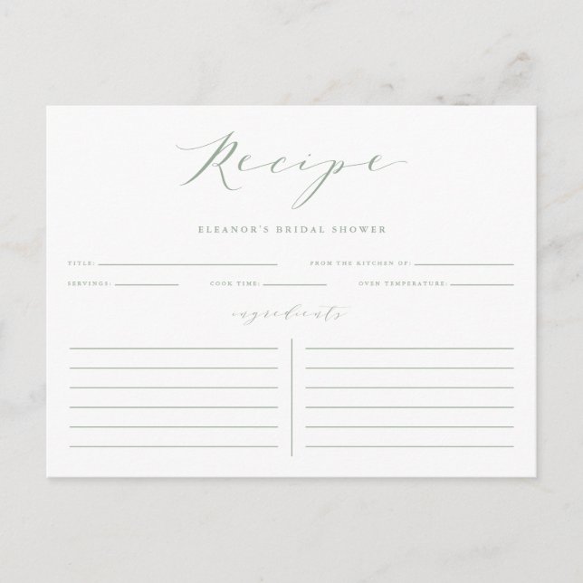 Sage Green Minimalist Bridal Shower Recipe Card (Front)