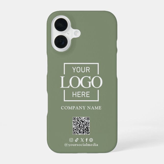 Sage Green Minimalist Business Logo & QR Code iPhone Case (Back)