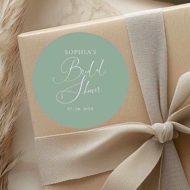 Sage Green Minimalist Calligraphy Bridal Shower Classic Round Sticker (Creator Uploaded)