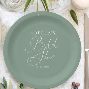 Sage Green Minimalist Calligraphy Bridal Shower Paper Plates