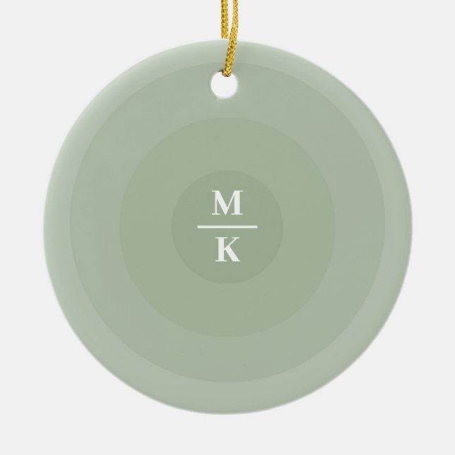 Sage Green Minimalist Circle Gradient Monogram  Ceramic Ornament (Front)