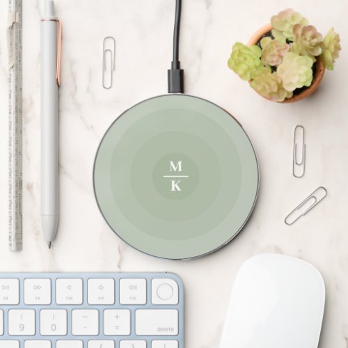 Sage Green Minimalist Circle Gradient Monogram Wireless Charger