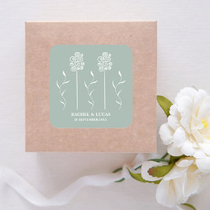 Sage Green Minimalist Curly Floral Square Sticker
