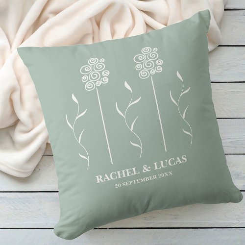 Sage Green Minimalist Curly Floral Throw Pillow