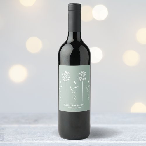 Sage Green Minimalist Curly Floral Wine Label