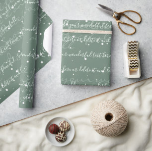 Sage Green Minimalist Custom Script Text Snowfall Wrapping Paper