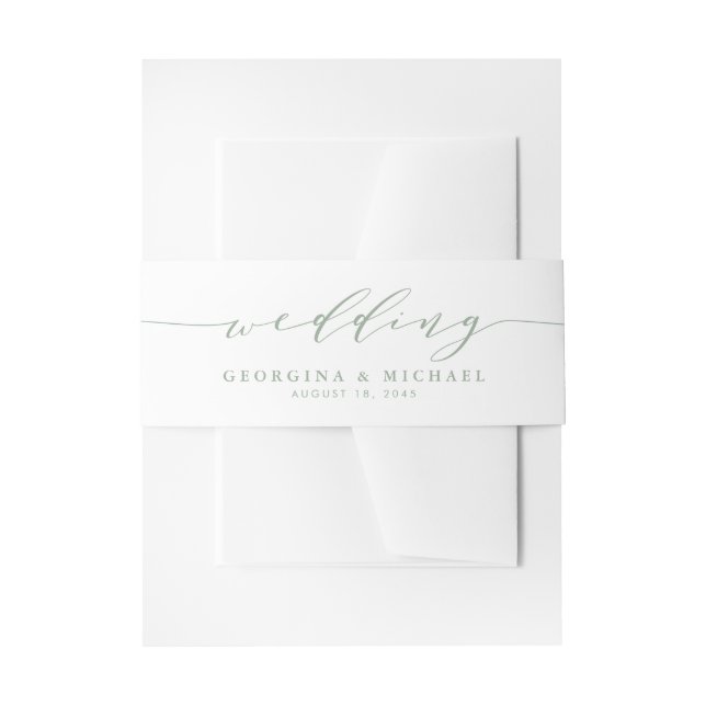 Sage Green Minimalist Dainty Script Wedding Invitation Belly Band (Front Example)