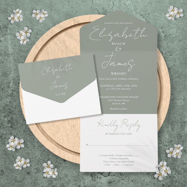 Sage Green Minimalist Elegant Script Wedding All In One Invitation (Sage Green Minimalist Elegant Script Wedding All In One Invitation)