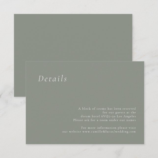 Sage Green Minimalist Elegant Wedding Details card (Front/Back)