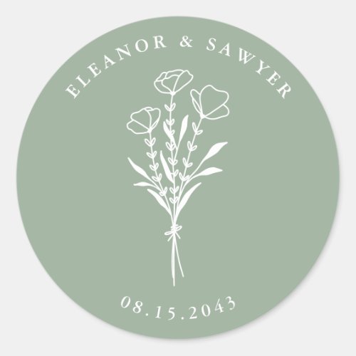 Sage Green Minimalist Floral Bouquet Wedding Classic Round Sticker