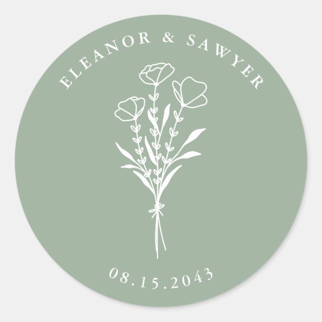 Sage Green Minimalist Floral Bouquet Wedding Classic Round Sticker (Front)