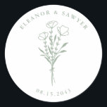 Sage Green Minimalist Floral Bouquet Wedding Classic Round Sticker<br><div class="desc">Send thanks with these customizable wedding stickers. It features a minimalist floral bouquet, handwritten script and simple typography. Personalize these minimalist stickers by adding names and date. These floral wedding stickers are perfect for weddings, bridal showers, engagement parties, and so much more. Tailor your botanical wedding stickers to match your...</div>