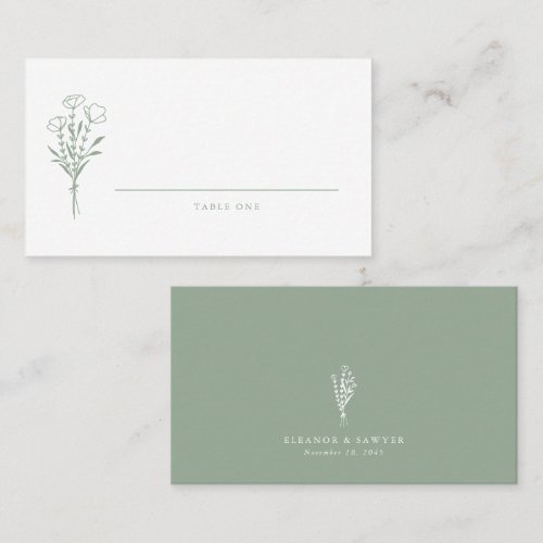 Sage Green Minimalist Floral Bouquet Wedding Place Card