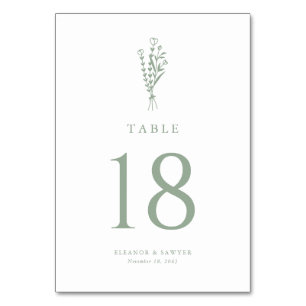 Sage Green Minimalist Floral Bouquet Wedding Table Number