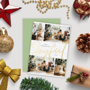 Sage Green Minimalist Four Photo Joyful Christmas Foil Holiday Card