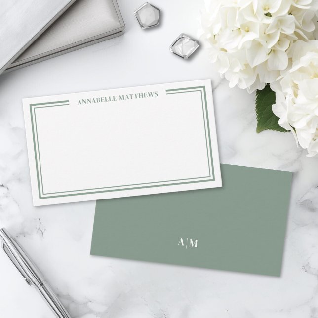 Sage Green Minimalist Initial Name Monogram Note Card (Sage Green Minimalist Initial Name Monogram Note Card )