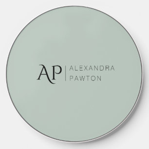 Sage Green Minimalist Initials and Name Wireless Charger
