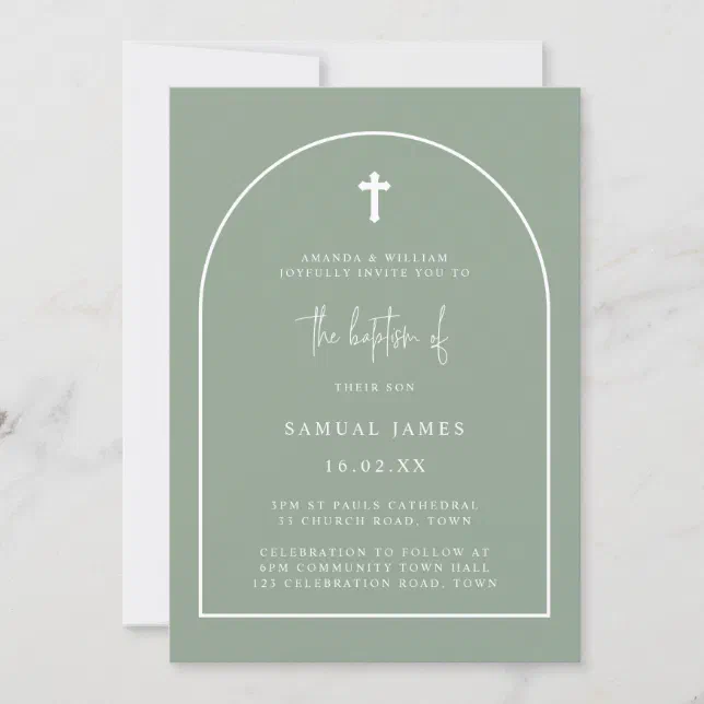 Sage Green Minimalist Modern Arch Script Baptism Invitation | Zazzle