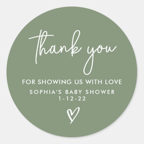 Sage Green Minimalist Modern Boho Baby Shower Classic Round Sticker