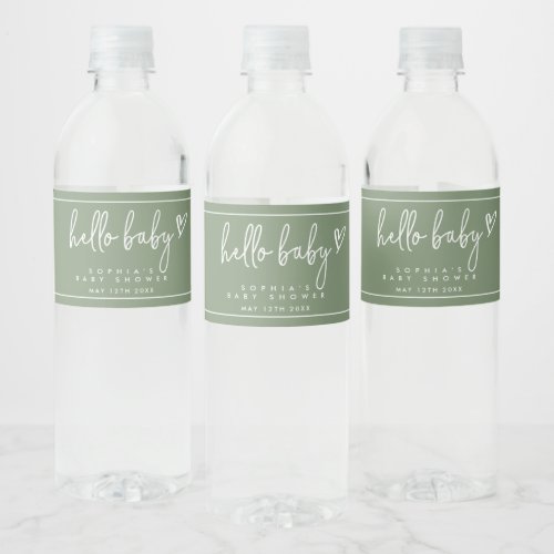 Sage Green Minimalist Modern Boho Baby Shower Water Bottle Label