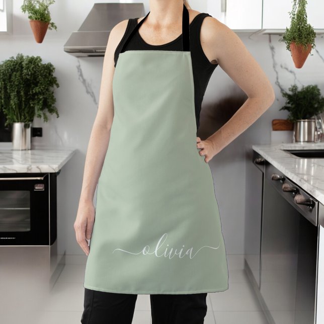 Sage Green Minimalist Modern Monogram Elegant Apron (Creator Uploaded)