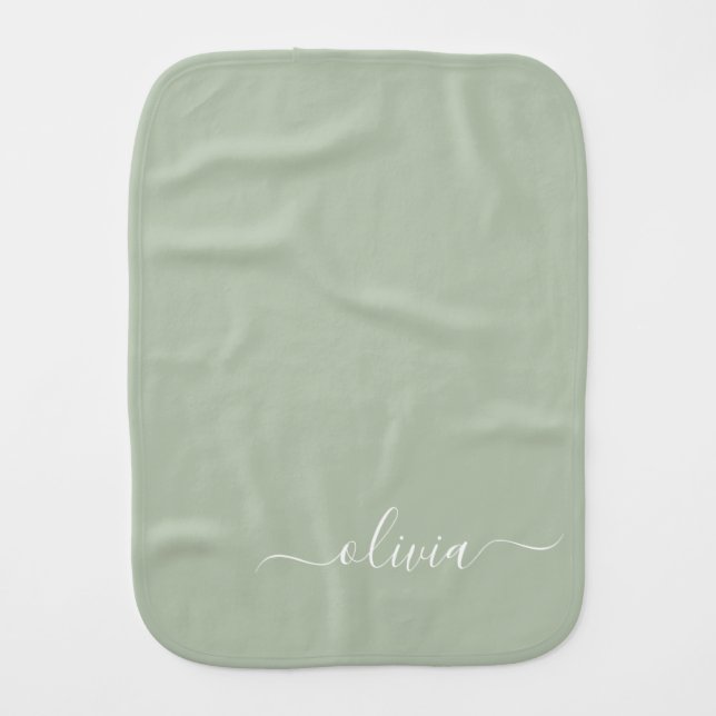 Sage Green Minimalist Modern Monogram Elegant Baby Burp Cloth (Front)