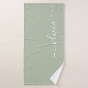 Sage Green Minimalist Modern Monogram Elegant Bath Towel
