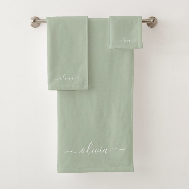 Sage Green Minimalist Modern Monogram Elegant Bath Towel Set (Insitu)