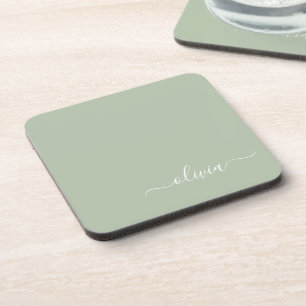 Sage Green Minimalist Modern Monogram Elegant Beverage Coaster