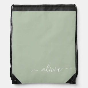 Sage Green Minimalist Modern Monogram Elegant Drawstring Bag