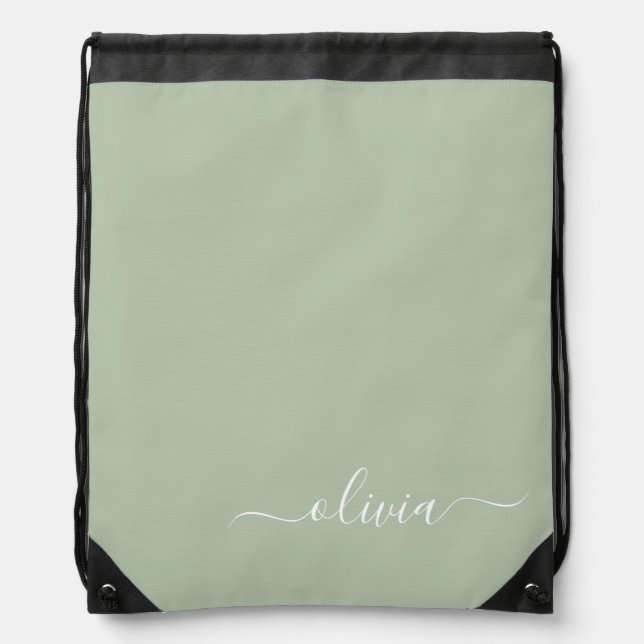 Sage Green Minimalist Modern Monogram Elegant Drawstring Bag (Front)
