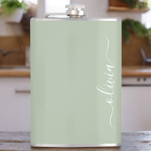 Sage Green Minimalist Modern Monogram Elegant Flask