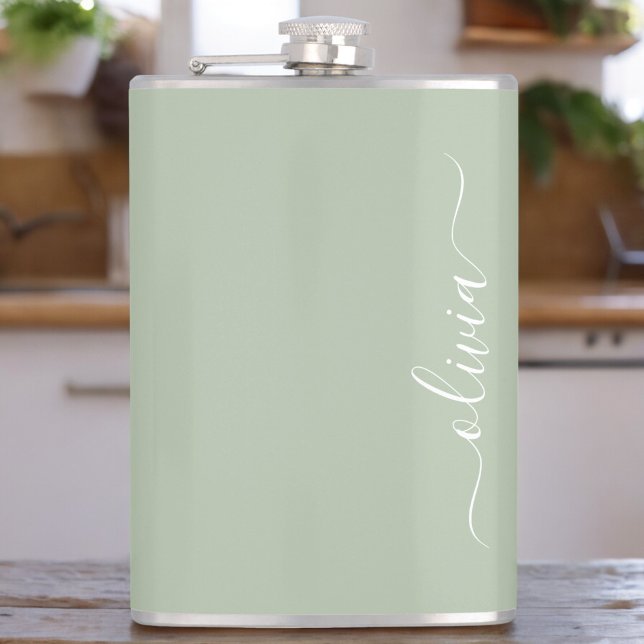 Sage Green Minimalist Modern Monogram Elegant Flask (Creator Uploaded)