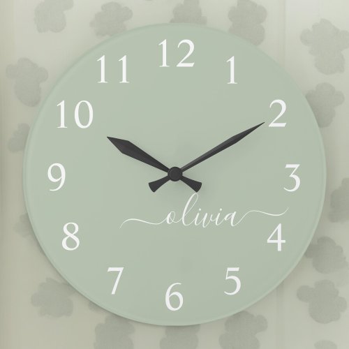 Sage Green Minimalist Modern Monogram Elegant  Large Clock